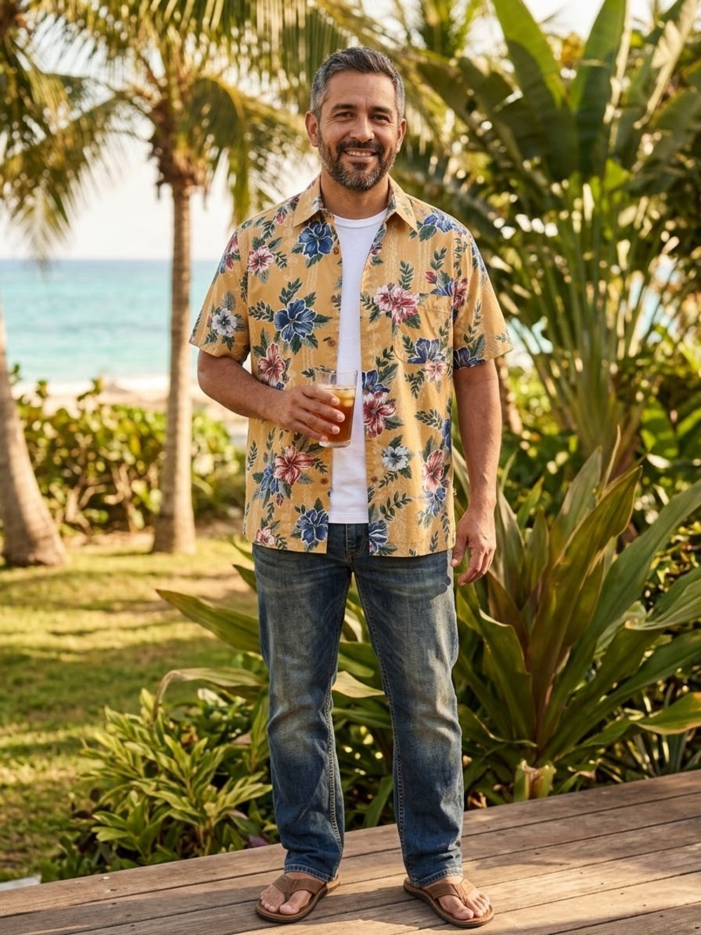 Tommy hilfilger vtg Men's Yellow Floral Short-Sleeve Shirt - Casual Beach small